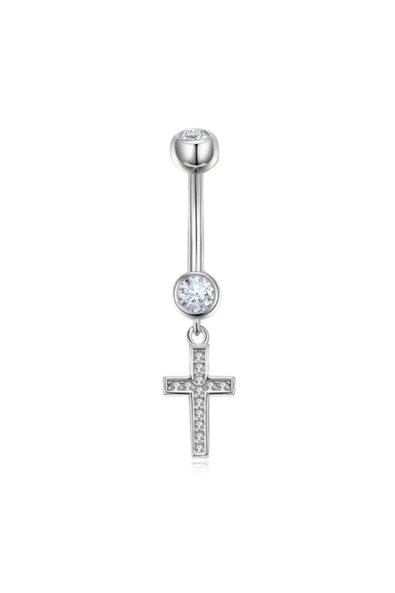 Sterling Silver Barbell Dangle Cross Cz Belly Button Navel Ring Piercing A1639-10mm