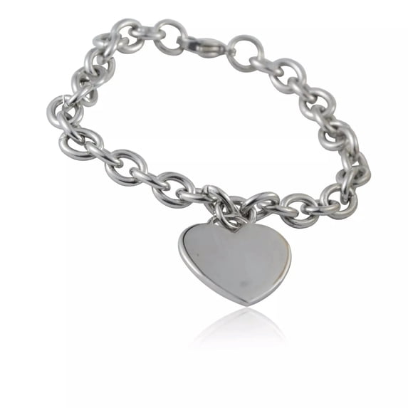 GKNET Sterling Silver Rolo Link Chain Charm Bangle Heart Tag Bracelet Jewelry