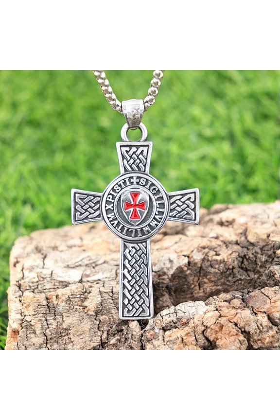 Street Fashion Vintage Viking Style Red Cross Stainless Steel Pendant Necklace