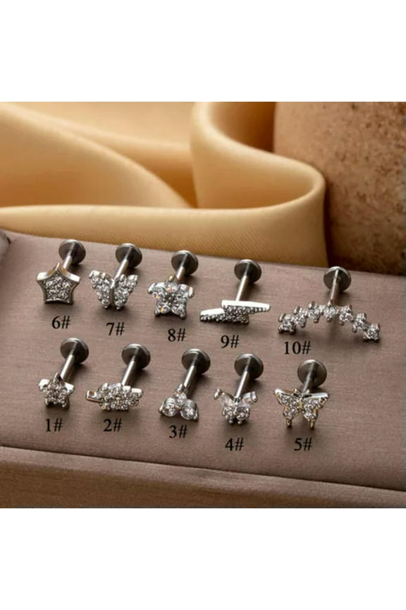 Stud Earring Piercing Zircon Gem Flat Back Push In Tragus Helix Cartilage Labret-silver-4#