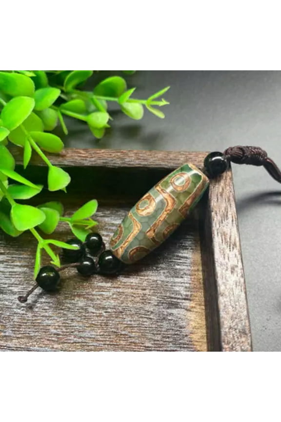 Tibet Agate Jade Dzi Heaven Nine Eye Bead Stone Pendant Buddhist Prayer Necklace-Green