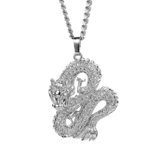 GKNET TopBling Cool Men Hip Hop Chinese Dragon Pendant Necklace Full Zircon Setting-Silver