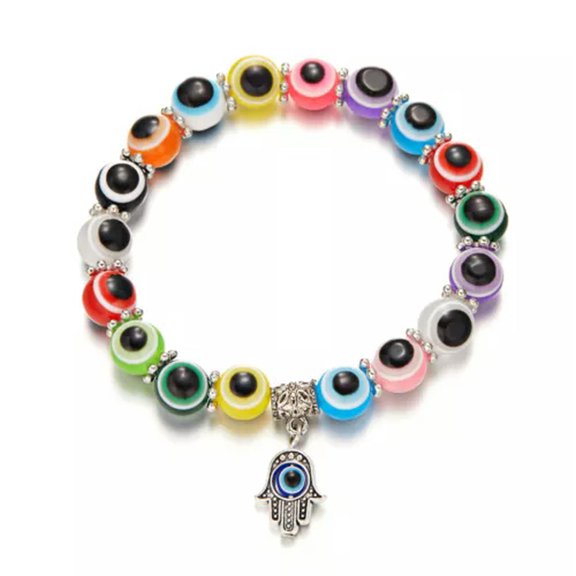 GKNET Turkish Hamsa Evil Eye Bracelet Elasticity Beaded Lucky Bangle Women Men Jewelry-2-Colorful Bead Palm