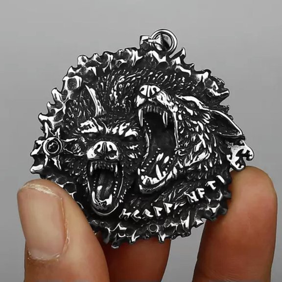 GKNET Viking Double Wolf Head Hip Hop Men's Fashion Stainless Steel Pendant Necklace-Silver