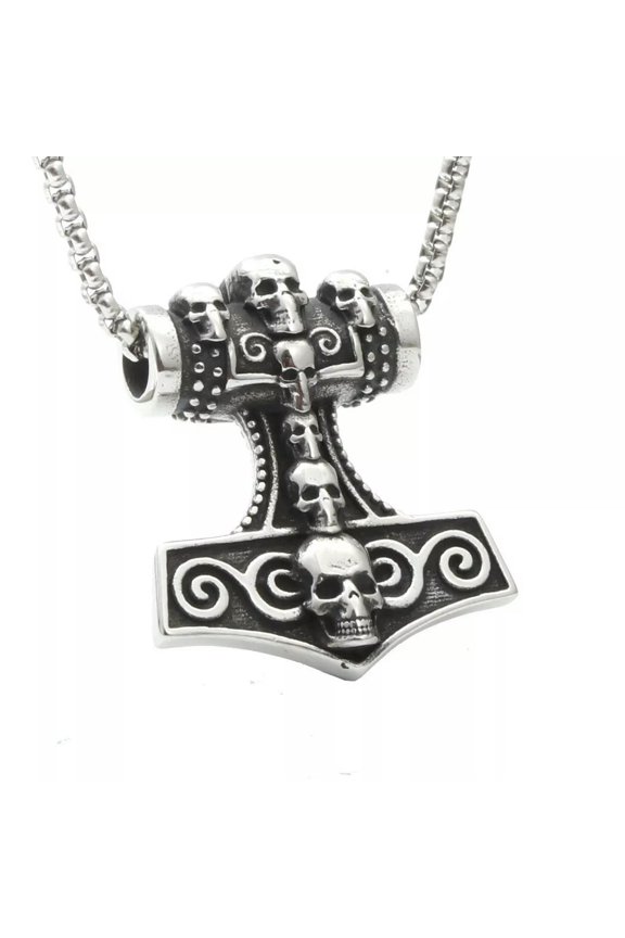 Viking Mens Thor's Hammer Necklace Mjolnir Skull Pendant Stainless Steel