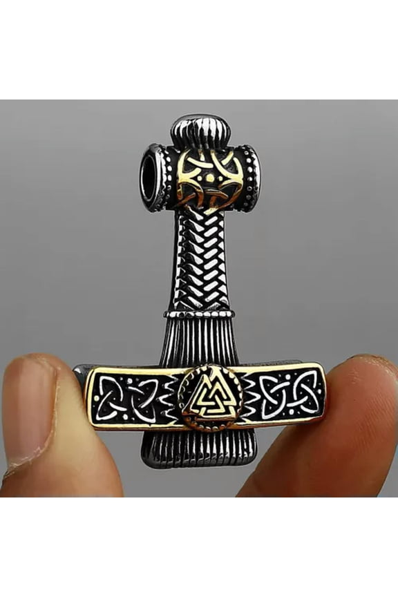 Viking Odin Thunder Hammer Rune Fashion Stainless Steel Pendant Necklace Chain-Silver/Gold