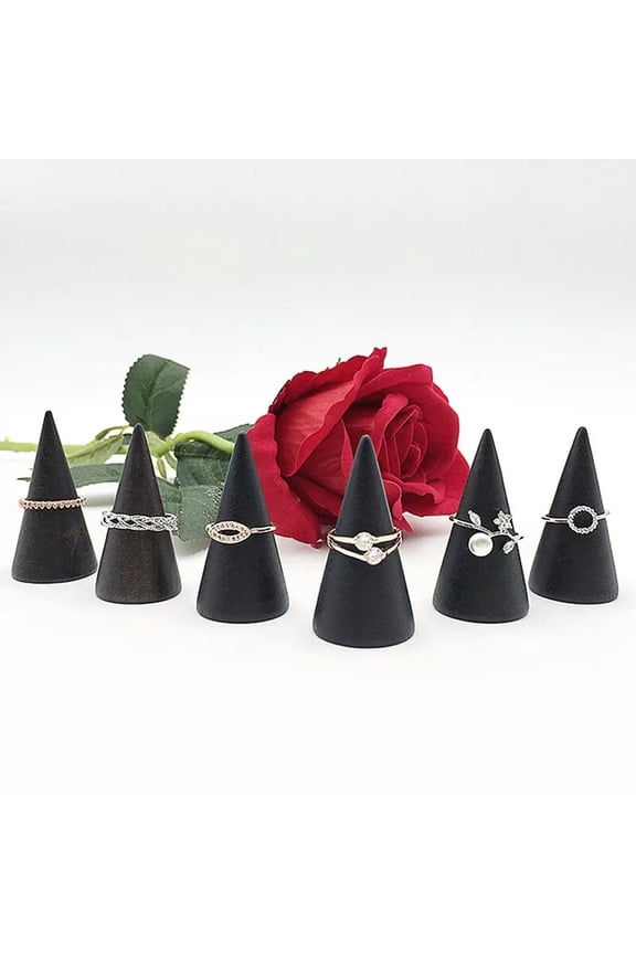 Vintage Black Wooden Ring Holder Display Cone Rack Finger Ring Stand O_tu