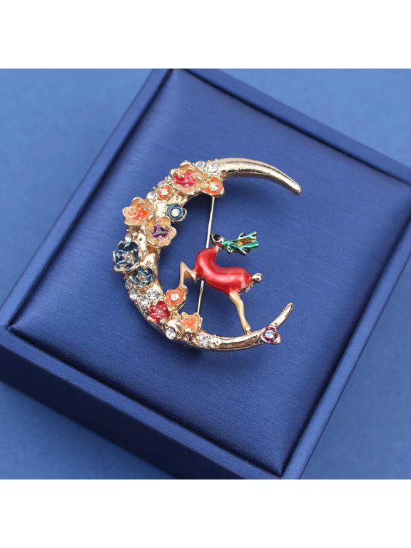 Vintage Cute Enamel Flower Moon Moose Brooch Fashion Ladies Animal Pin