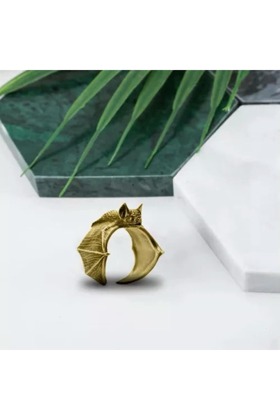 Vintage Dark Gothic Bat Ring Opening Mens Adjustable Punk Halloween Delicate Jewelry Gift-01#Gold Bat Ring-Adjustable Size