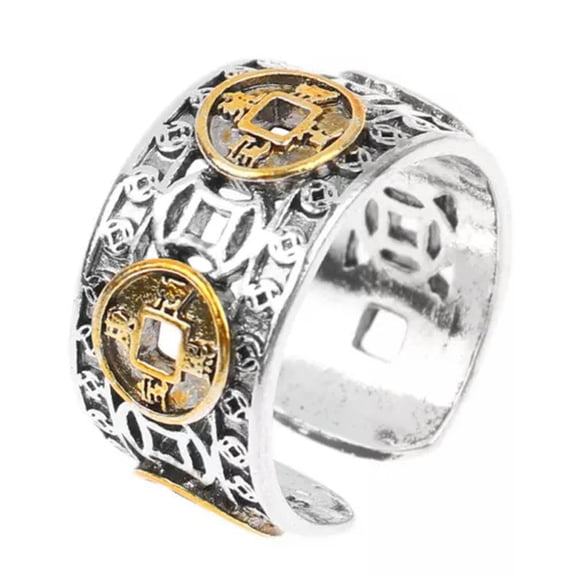 GKNET Vintage Ethnic Style Five Emperors Money Coin Rings Lucky Adjustable Finger Ring-Gold-