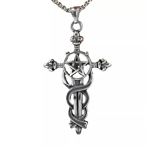 GKNET Vintage Gothic Stainless Steel Men's Pentagram Sword Pendant Necklace Chain-default