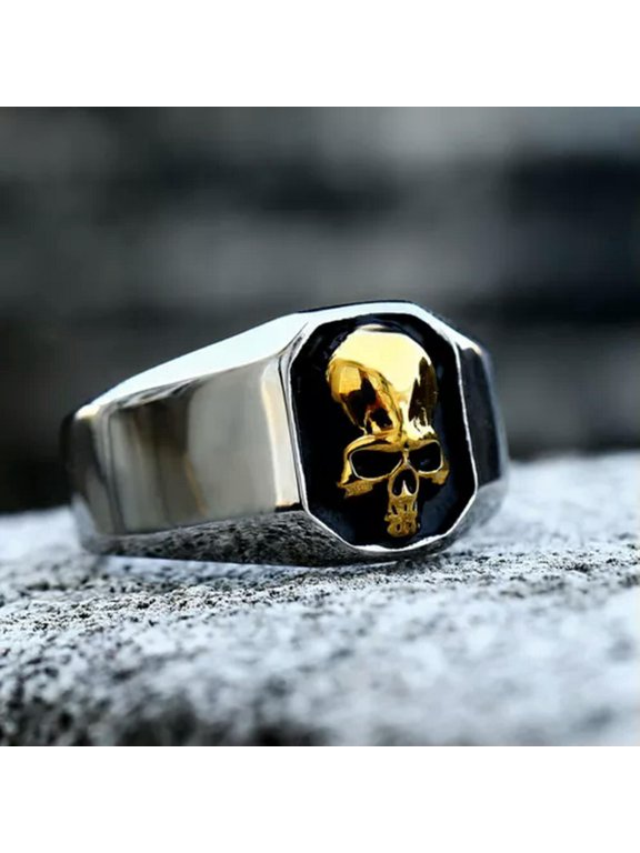 Vintage Hiphop Punk Skull Signet Ring Stainless Steel Men Band Delicate Jewelry 7-13 Size-Gold-11