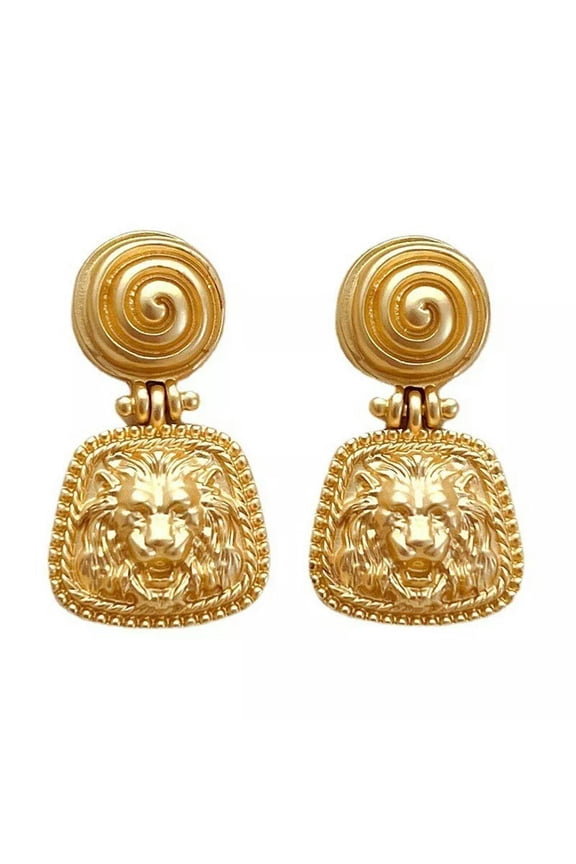 Vintage Lion Head Door Knocker Matte Gold Tone Pierced Post Dangle Drop Earrings