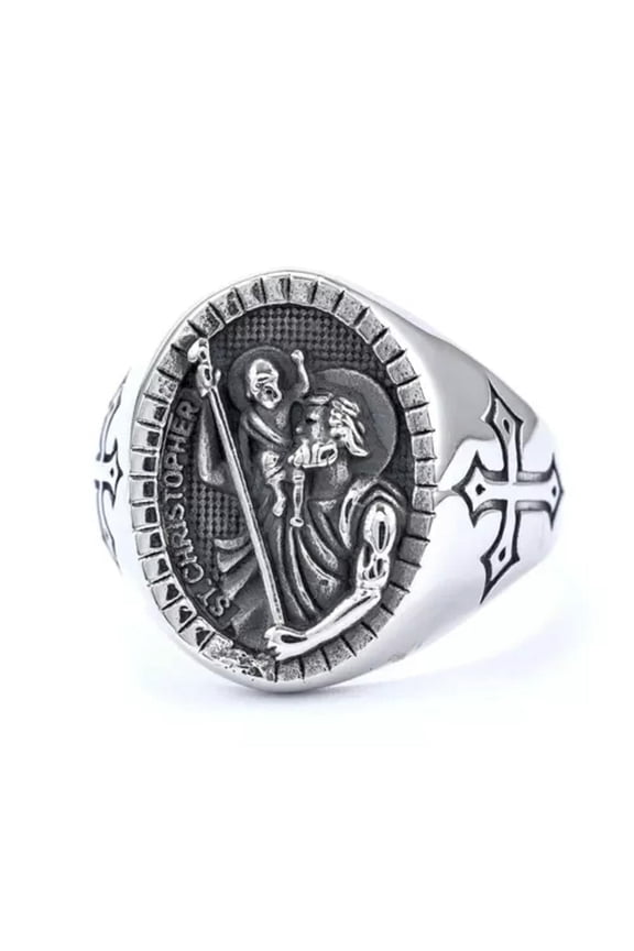 Vintage Personality St. Christopher Cross Stainless Steel Men's Rings Size 7-13