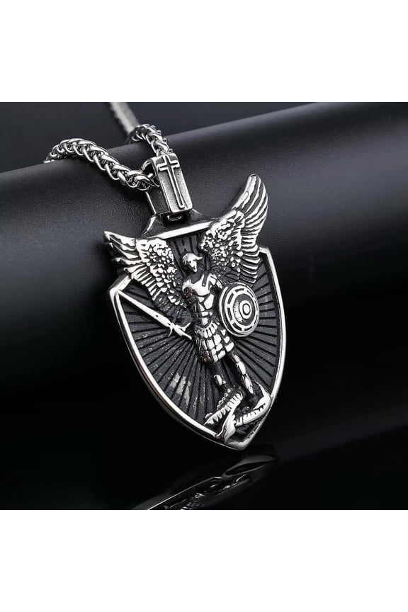 Vintage Saint Michael Archangel Wing Shield Pendant Necklace Chain-default