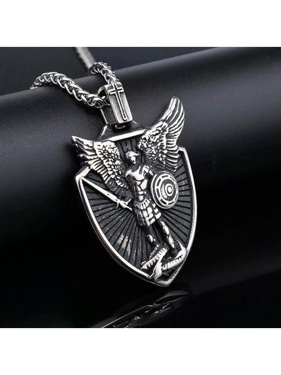 Vintage Saint Michael Archangel Wing Shield Pendant Necklace Chain