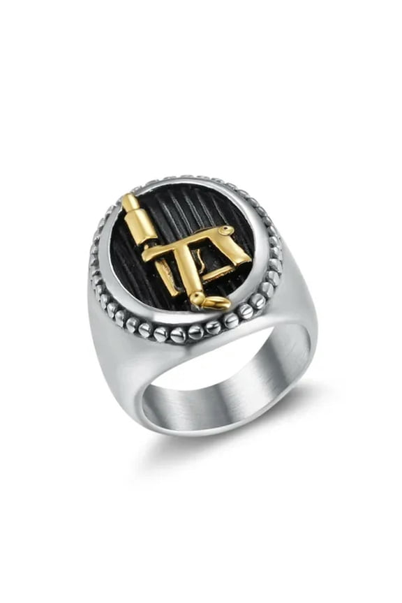 Vintage Tattoo Machine Dual Color Stainless Steel Men's Rings Size 7-14-12-Silver/Gold