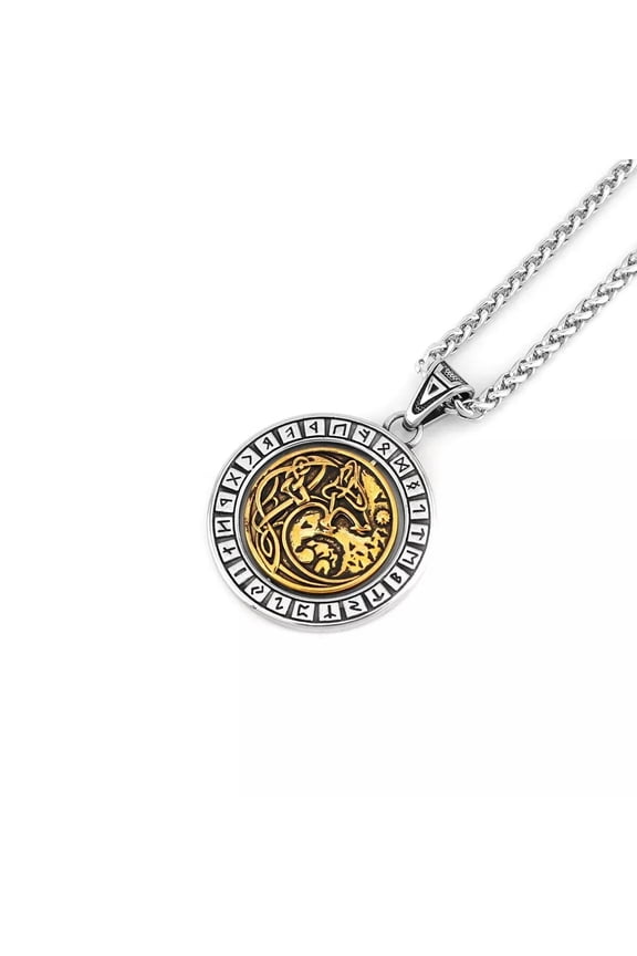 Vintage Viking Wolf Head Nordic Rune Rotable Stainless Steel Pendant Necklace