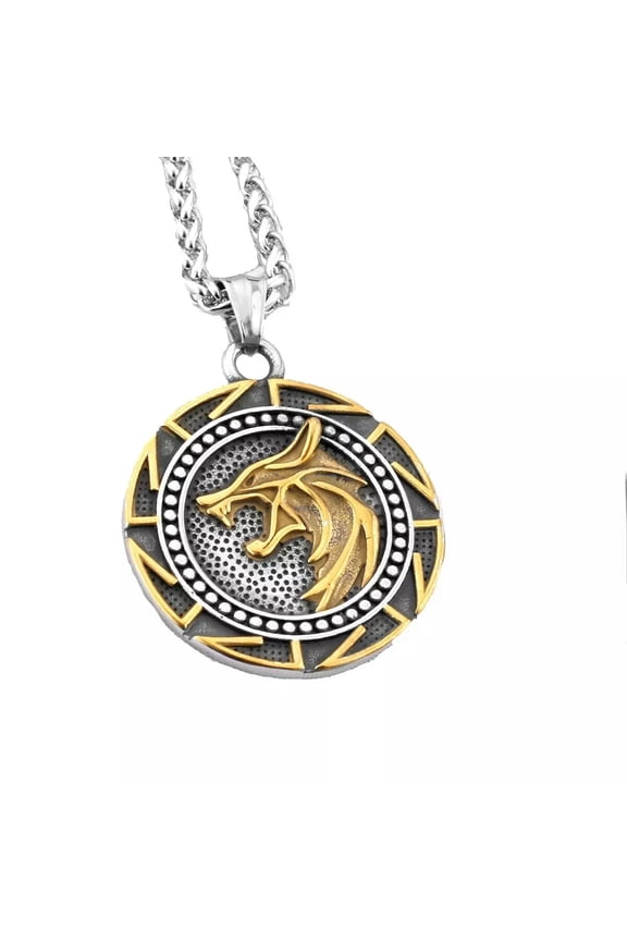 Vintage Viking Wolf Head Rune Men's Stainless Steel Pendant Necklace Chain-default