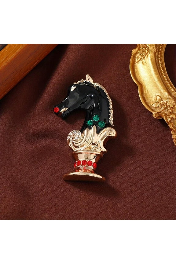 Vintage glazed horse head chess brooch. Palace rhinestone pin for chess