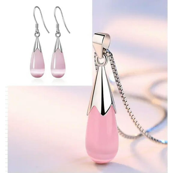 GKNET Water Drop Opal Sets Womens 925 Silver Earrings Necklace Sets Jewelry-pink
