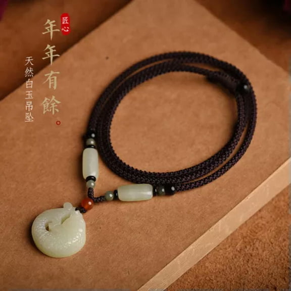 GKNET White Jade Every Year with Fish Pendant Sweater Chain Jade Jade Pendant Jade-high-end rope