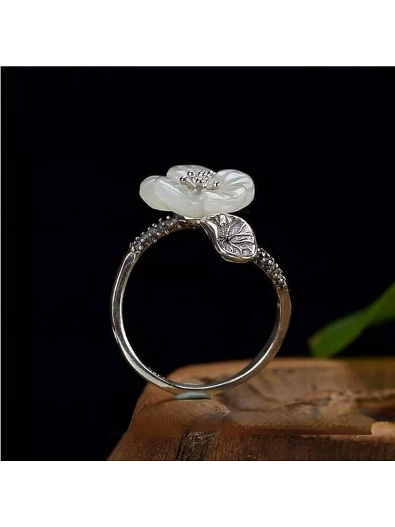 White Jade Flower Rings Natural Delicate Jewelry Women Adjustable Ring
