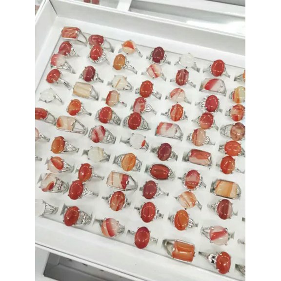 GKNET Wholesale Delicate Jewelry 24pcs Women's Natural Stone Silver Plated Rings ping-red agate