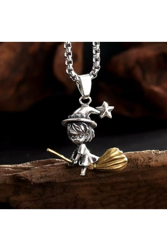 Witcher Riding the Fly Broom Pendant Necklace Men's Women's Delicate Jewelry Chain 24"