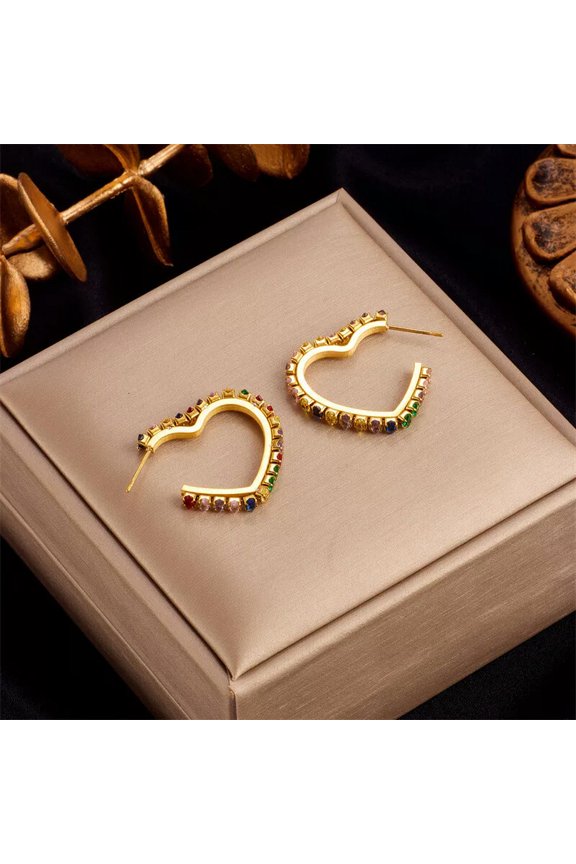 Women 18K Gold Plated Stainless Steel Colored CZ Open Heart Stud Earrings Gift