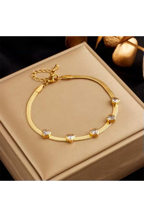 Women 18K Gold Plated Stainless Steel Green Zircon Heart Bracelet Bangle B749-White CZ