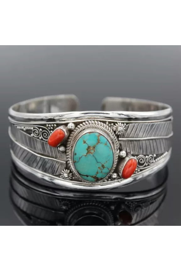 Women 925 Silver Filled Turquoise Carve Bracelet Bangle Cuff Wedding Jewelry-4