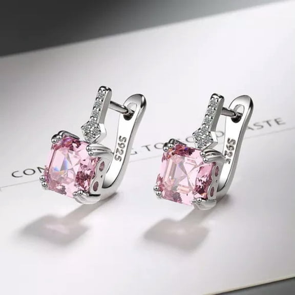 GKNET Women 925 Silver Square Zircon Hoop Huggie Ear Clip Earrings 5 Color-pink