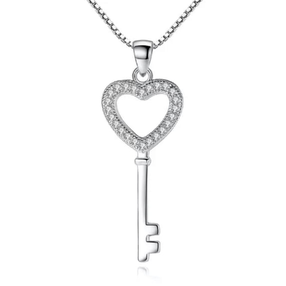 GKNET Women 925 Sterling Silver Crystal Heart Key Pendant Necklace Fashion Jewelry-Silver
