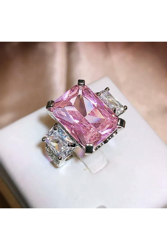 Women 925 Sterling Silver Open Ring Square Pink Ice Flower Zircon Rings
