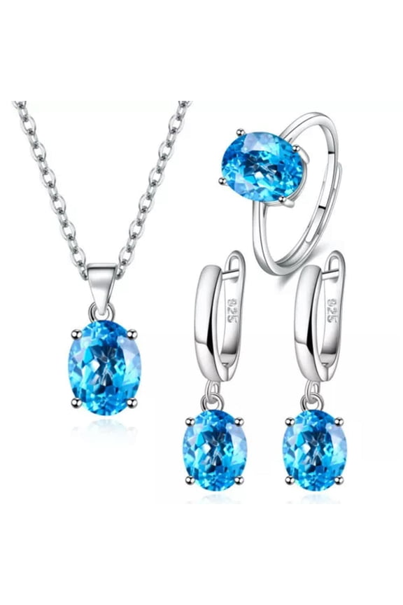 Women 925 Sterling Silver Oval Zircon Necklace Earrings Rings Sets 5 Color-Blue