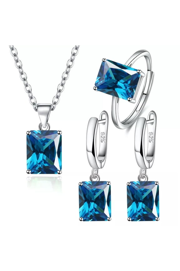 Womens 925 Silver Square Blue Zircon Necklace Earrings Ring Set Jewelry