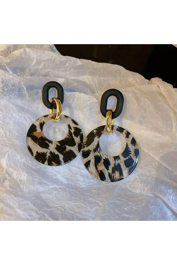 Women Acetate Acrylic Resin Leopard Print Long Fashionable Earrings Jewelry-Black