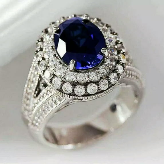 GKNET Women Blue Cubic Zirconia Silver Plated Ring Wedding Party Delicate Jewelry Gift Size6-10-06#Oval Blue CZ ring-10