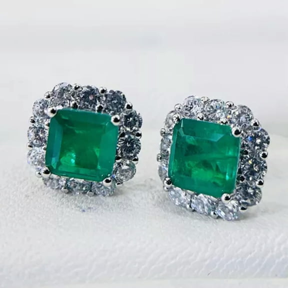 GKNET Women Blue Green Square Zircon Stone Earrings 925 Silver Stud Earrings-Green