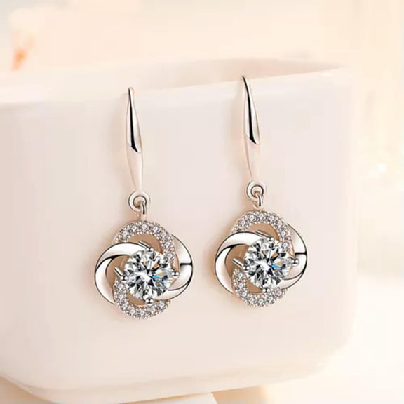 GKNET Women Crystal Zircon Clover Dangle Drop 925 Silver Earrings Jewelry-white