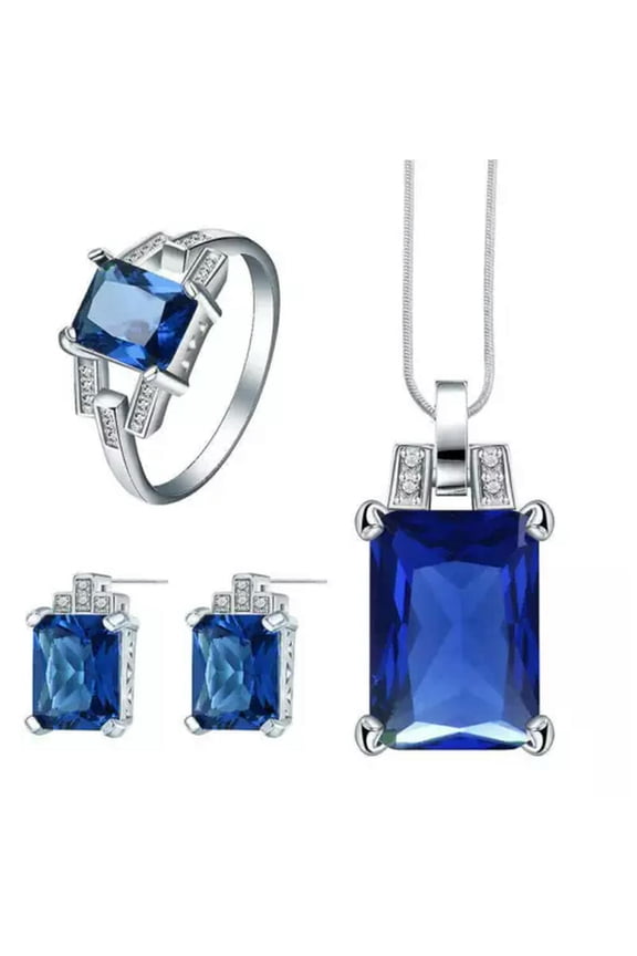 Women Elegant Delicate Jewelry Sets Red/Green/Blue Zircon Pendant Necklace Earrings Ring-6-Blue