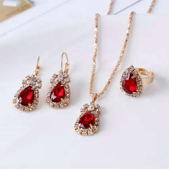GKNET Women Elegant Rhinestone Sparkling Earrings Necklace Ring Set Everyday Matching-Red