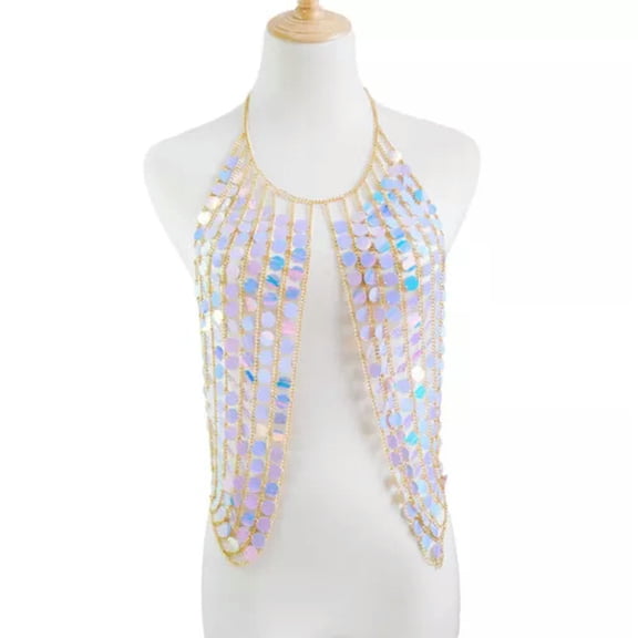 GKNET Women Fashion Delicate Jewelry Geometric Colorful Punk Body Dress Chain Chest Chain-Blue