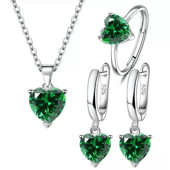 GKNET Women 925 Silver Green Zircon Heart Necklace Earrings Ring Delicate Jewelry Sets