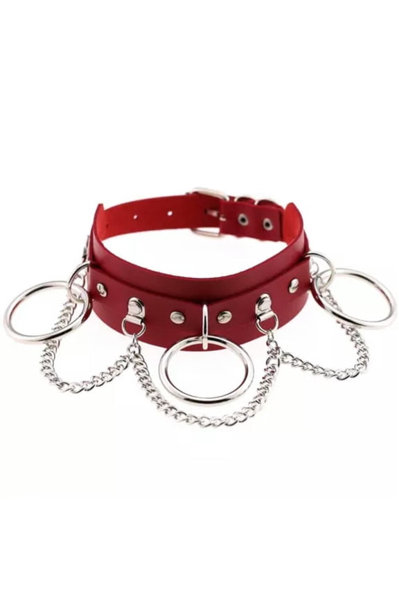 Women Punk Gothic Choker Black Necklace PU Collar Chains Maid Accessory Cosplay-Red