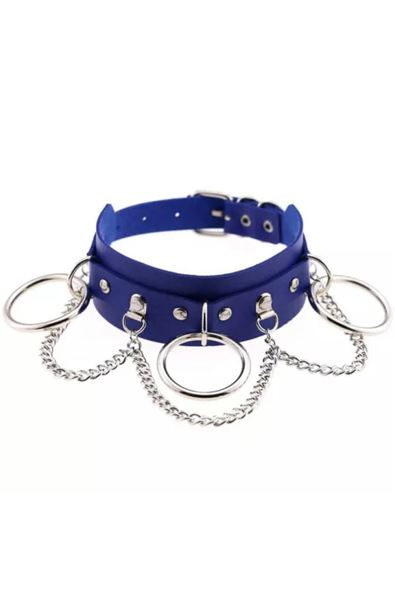 Women Punk Gothic Choker Black Necklace PU Collar Chains Maid Accessory Cosplay-Sapphire blue