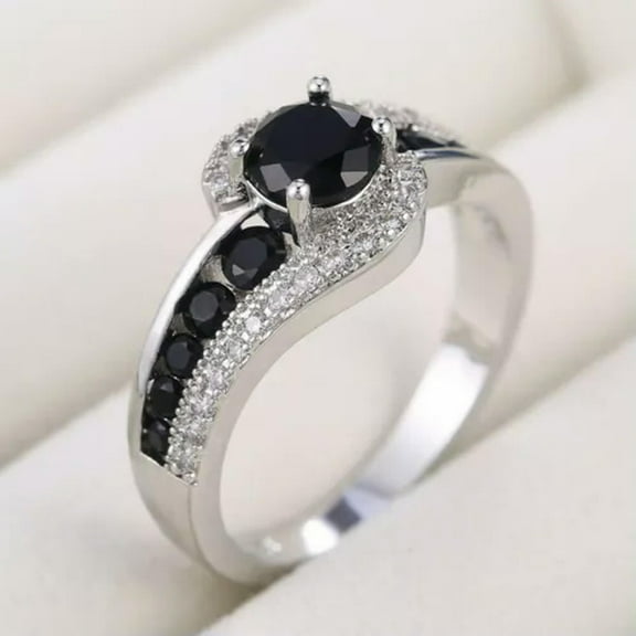 GKNET Women Silver Plated Rings Lady Black Elegant Engagement Rings Gifts Size 6-10-6