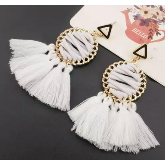 GKNET Women's Elegant Boho Earrings Tassel Fringe Stud Drop Dangle Earrings-White