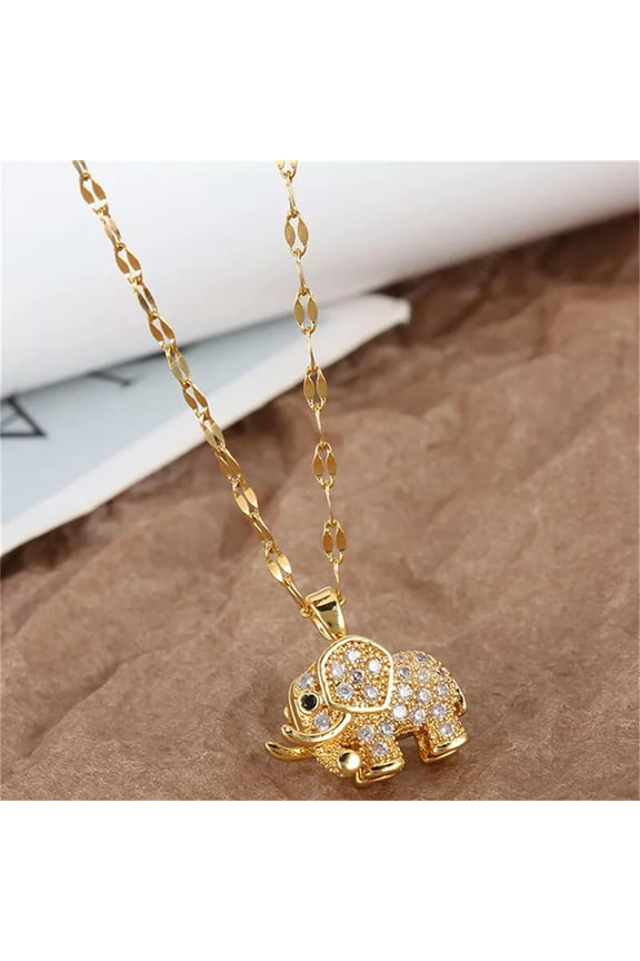 Women's Luxury Cubic Zirconia Elephant Pendant Necklace Stainless Steel Chai WY4